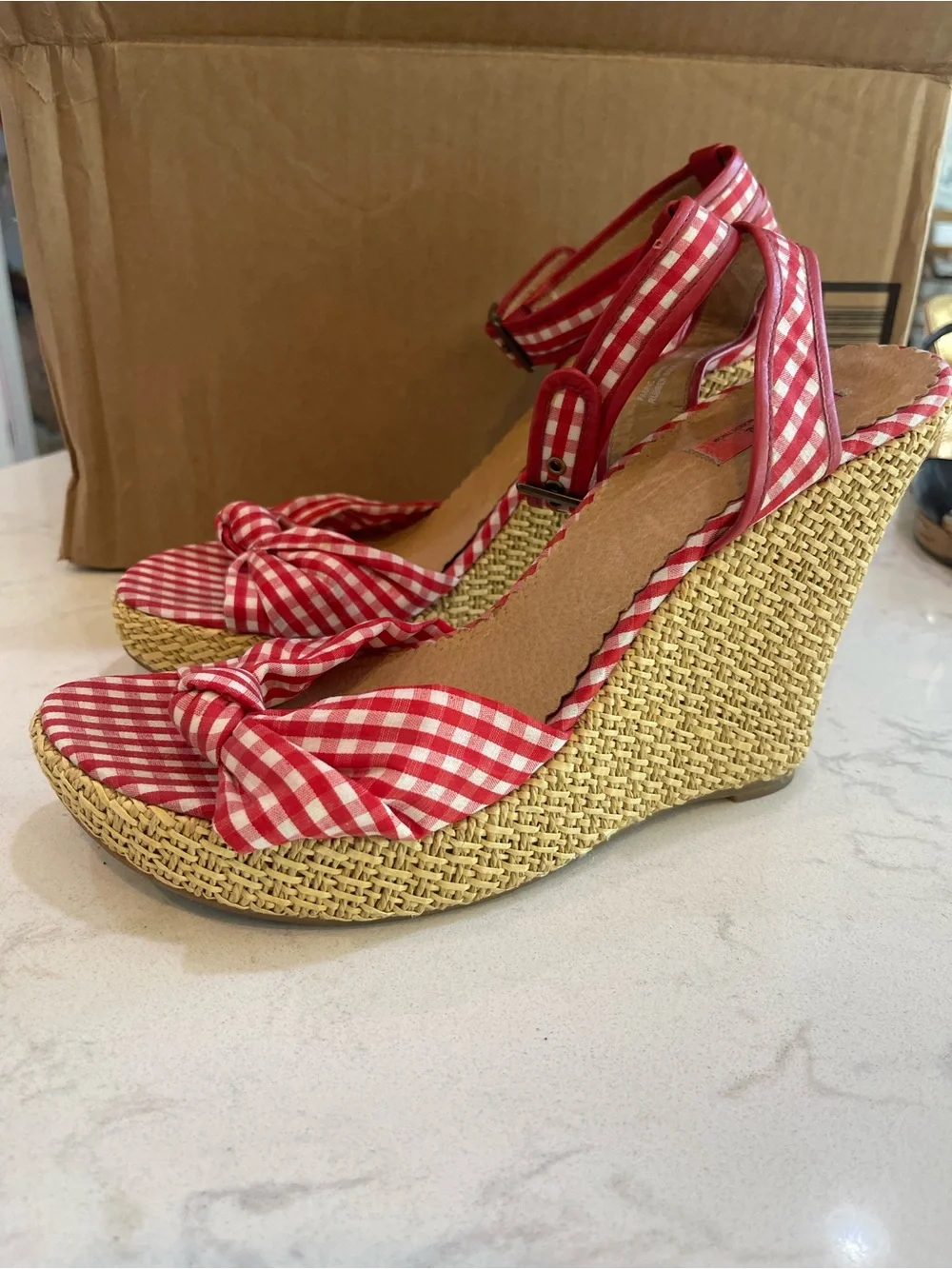 Red Gingham Ankle-Strap Wedge Sandals with Knot Accent